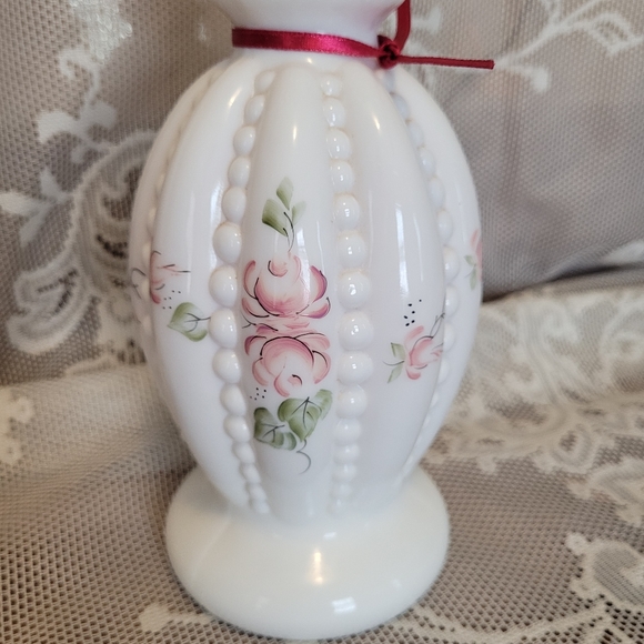 Vintage Signed Fenton Vase Hand Painted Beaded Milk Glass - Picture 4 of 12